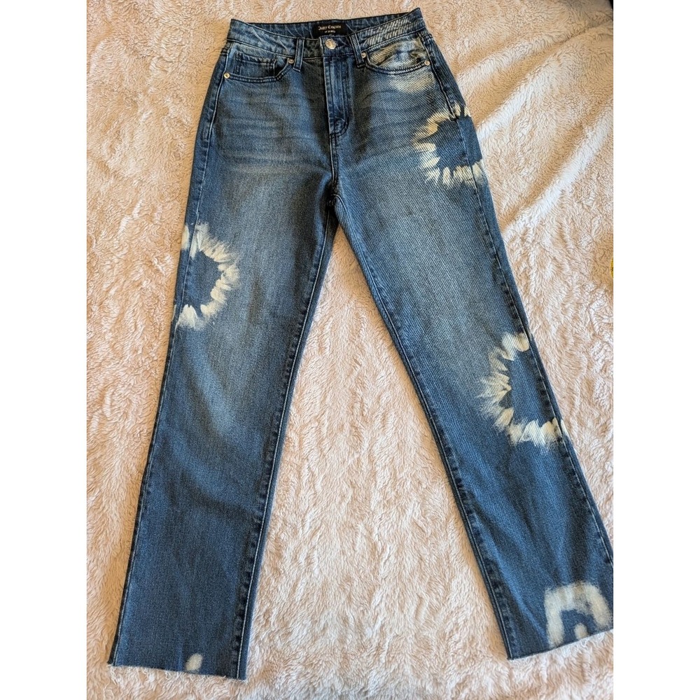 Juicy Couture High Rise Straight Leg Bleach Tie Dye Jeans Blue Size 26 Raw Hem